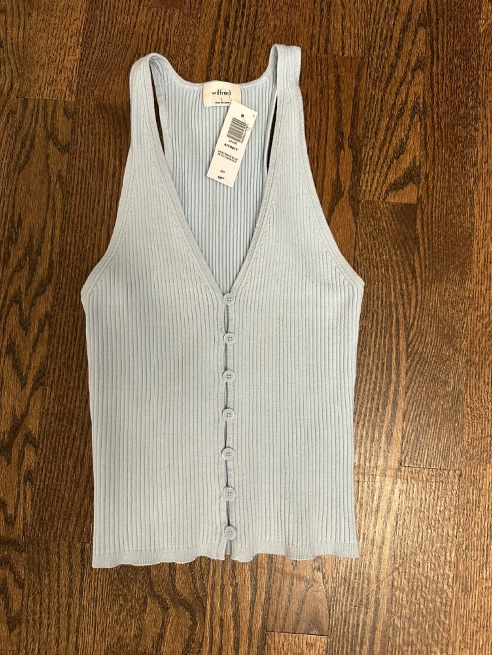 Wilfred Light Gray Ribbed Button-Front Vest Top – Sleeveless Knit – Size S, NWT